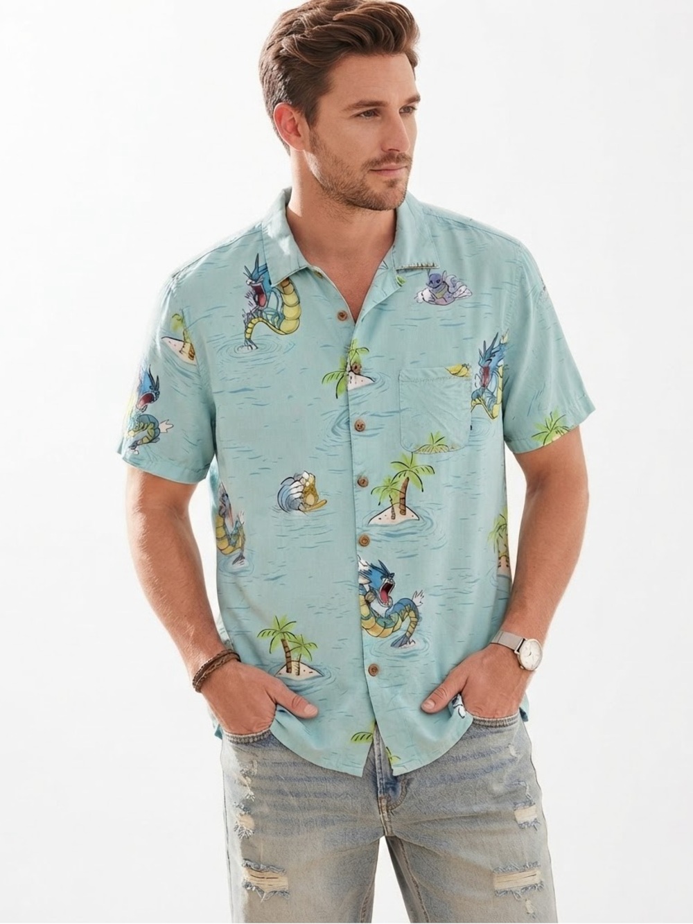 Pokémon Men's 2XL Blue Tropical Hawaiian Shirt Gyarados Squirtle Surfing